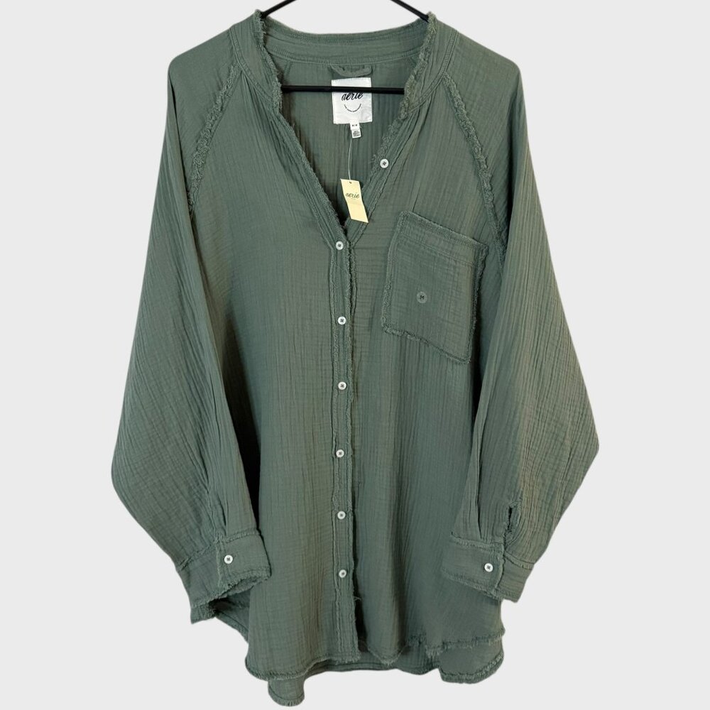 Aerie American Eagle Shirt Green Women's Medium Gauze Button-Up 100% Cotton NEW